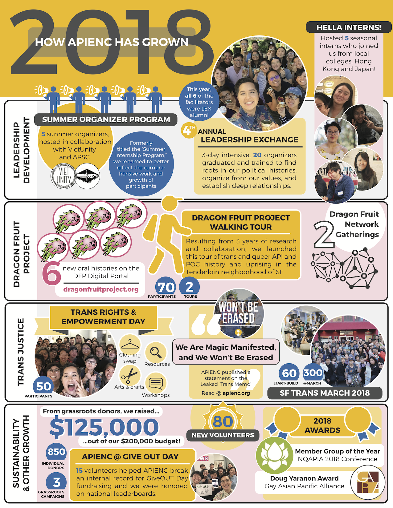 Image description: colorful infographic titled "2018: How APIENC Has Grown", describing accomplishments in Leadership Development, Dragon Fruit Project, and Trans Justice.