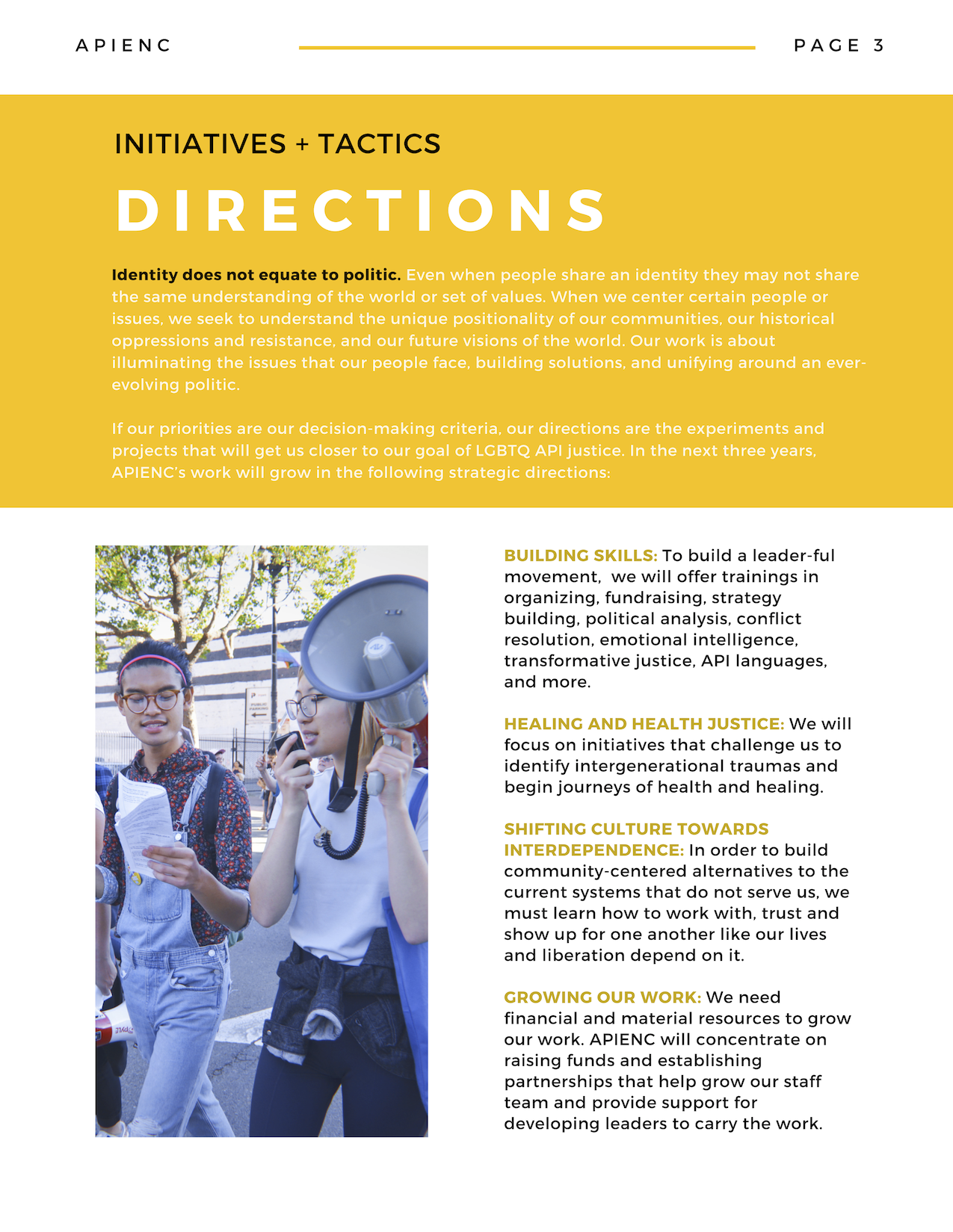 Image description: Page 3 of 2019 APIENC document titled "Initiatives + Tactics -- Directions" outlining APIENC's directions. On the left is a photo of APIENC members chanting and marching down the street at SF Trans March.